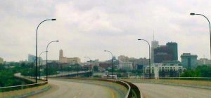Akron Ohio downtown skyline with highway in foreground