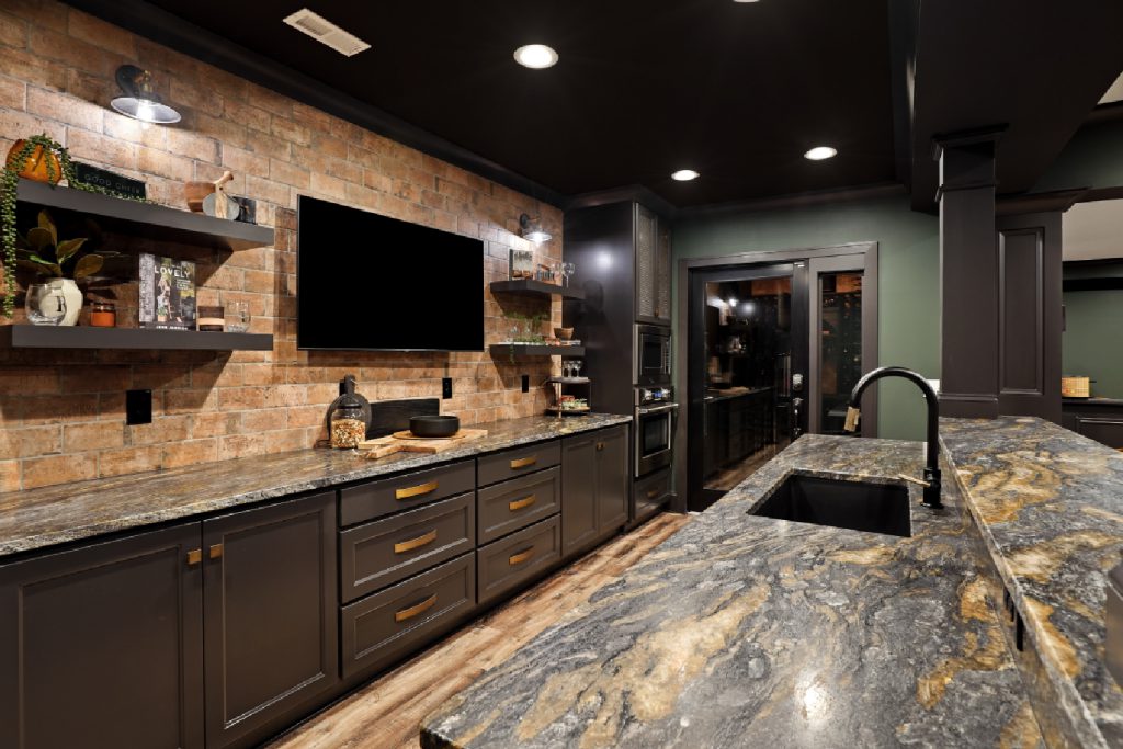 A gorgeous custom Diyanni basement bar space.